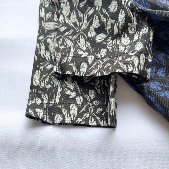 YIGAL AZROUEL BLACK BLUE WHITE ABSTRACT PATTERN SHORT SLEEVE SHEATH MIDI DRESS - Picture 9 of 12